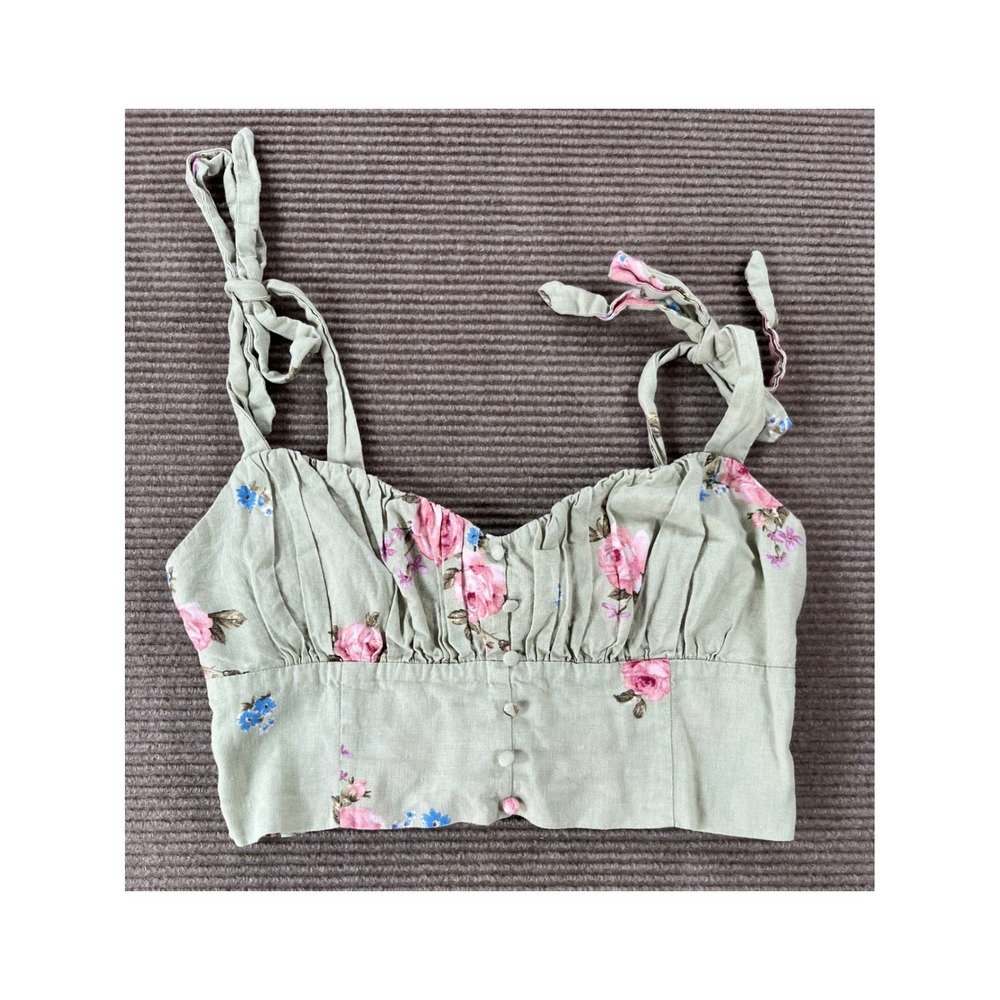 Altard State Sage Green Floral Linen Blend Smocked Crop Top Size L